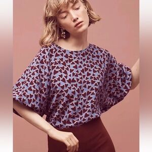 MAEVE ANTHROPOLOGIE Womens Silk Heart Print Top Size Small Kimono Sleeve Blue